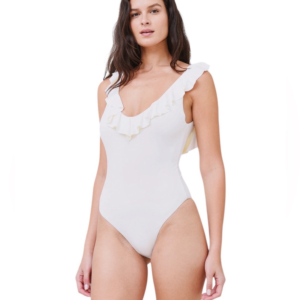 Eberjey Loreta Ruffle One Piece Swimsuit Ivory XS NWT $174 Cheeky Swim
